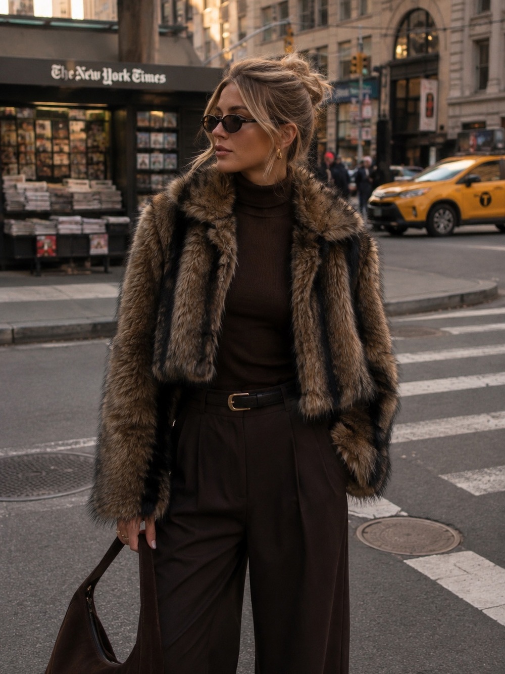 Two tone faux fur coat vintage style oversized jacket brown black